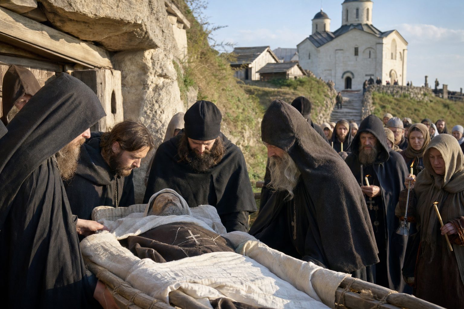 Picha halisi ya picha, Uhamisho wa maiti ya baba yetu mtukufu Feodosius, ighumen Pechersky, kalenda ya Orthodox, 2026-08-27, relic_or_church_event Picha halisi ya picha, Uhamisho wa maiti ya baba yetu mtukufu Feodosius, ighumen Pechersky, kalenda ya Orthodox, 2026-08-27, relic_or_church_event