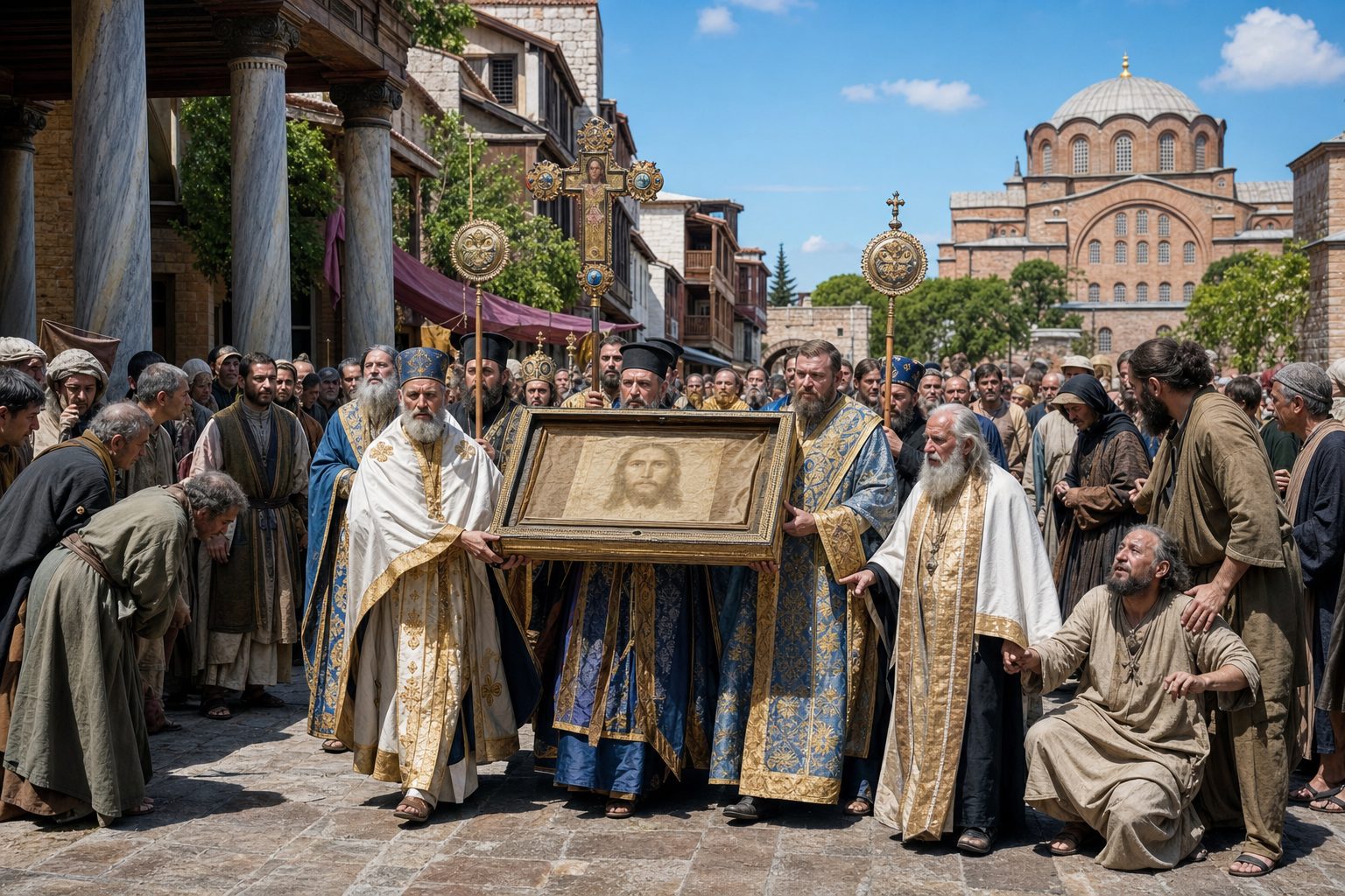 Image photoréaliste, Le transfert d'une image non faite par les mains de notre Seigneur Jésus-Christ d'Édesse à Constantinople, calendrier orthodoxe, 2026-08-29, relic_or_church_event